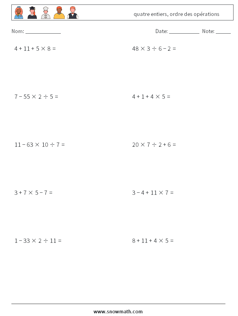 (10) quatre entiers, ordre des opérations Fiches d'Exercices de Mathématiques 5