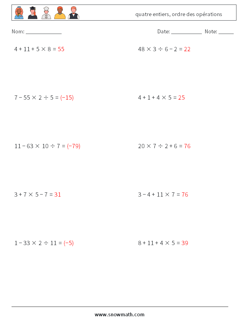 (10) quatre entiers, ordre des opérations Fiches d'Exercices de Mathématiques 5 Question, Réponse