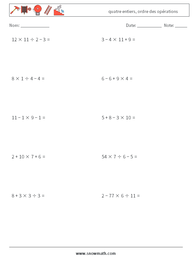 (10) quatre entiers, ordre des opérations Fiches d'Exercices de Mathématiques 6