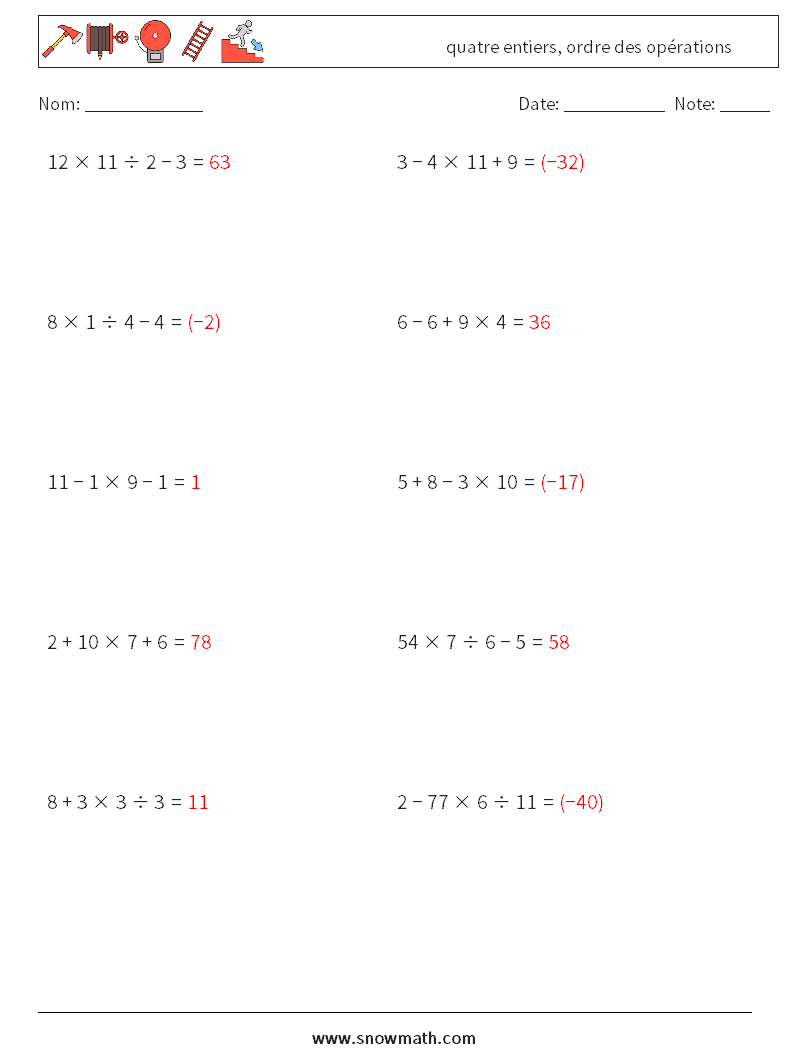 (10) quatre entiers, ordre des opérations Fiches d'Exercices de Mathématiques 6 Question, Réponse