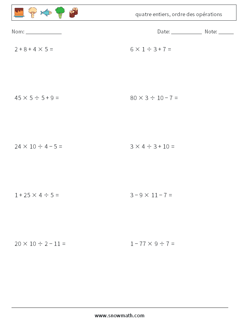 (10) quatre entiers, ordre des opérations Fiches d'Exercices de Mathématiques 7