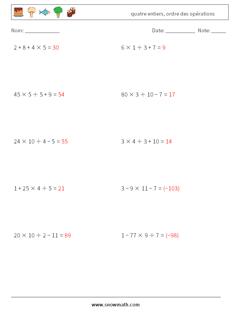 (10) quatre entiers, ordre des opérations Fiches d'Exercices de Mathématiques 7 Question, Réponse