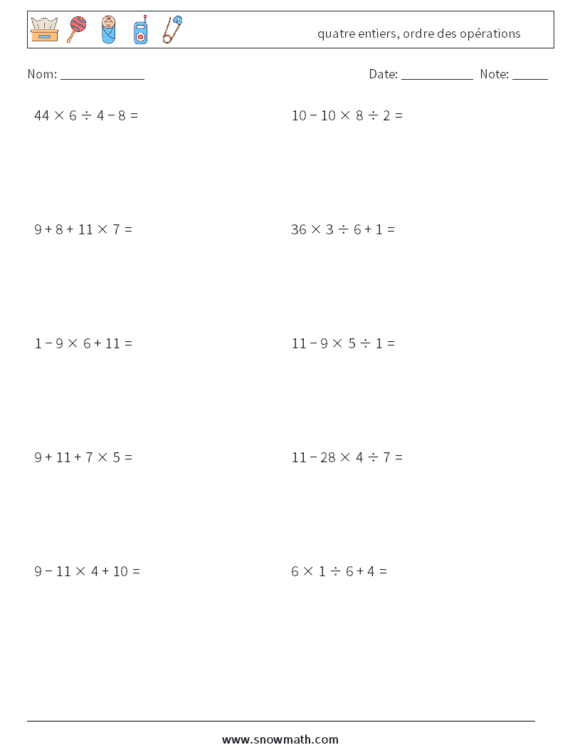 (10) quatre entiers, ordre des opérations Fiches d'Exercices de Mathématiques 8