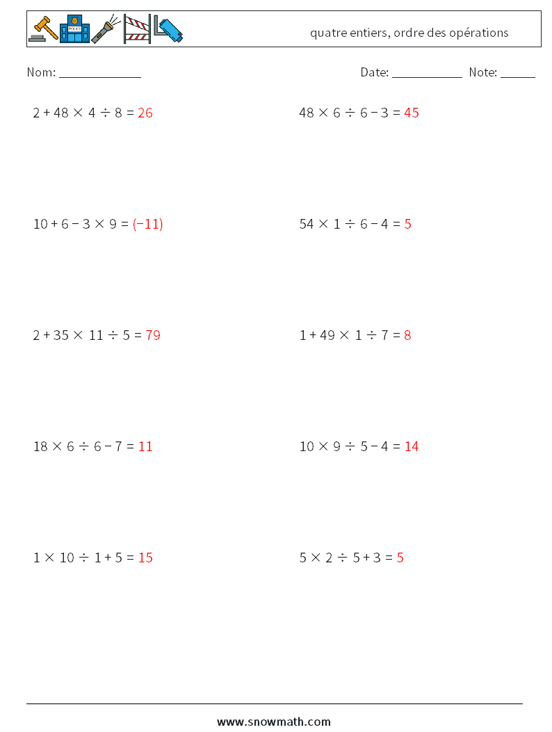 (10) quatre entiers, ordre des opérations Fiches d'Exercices de Mathématiques 9 Question, Réponse