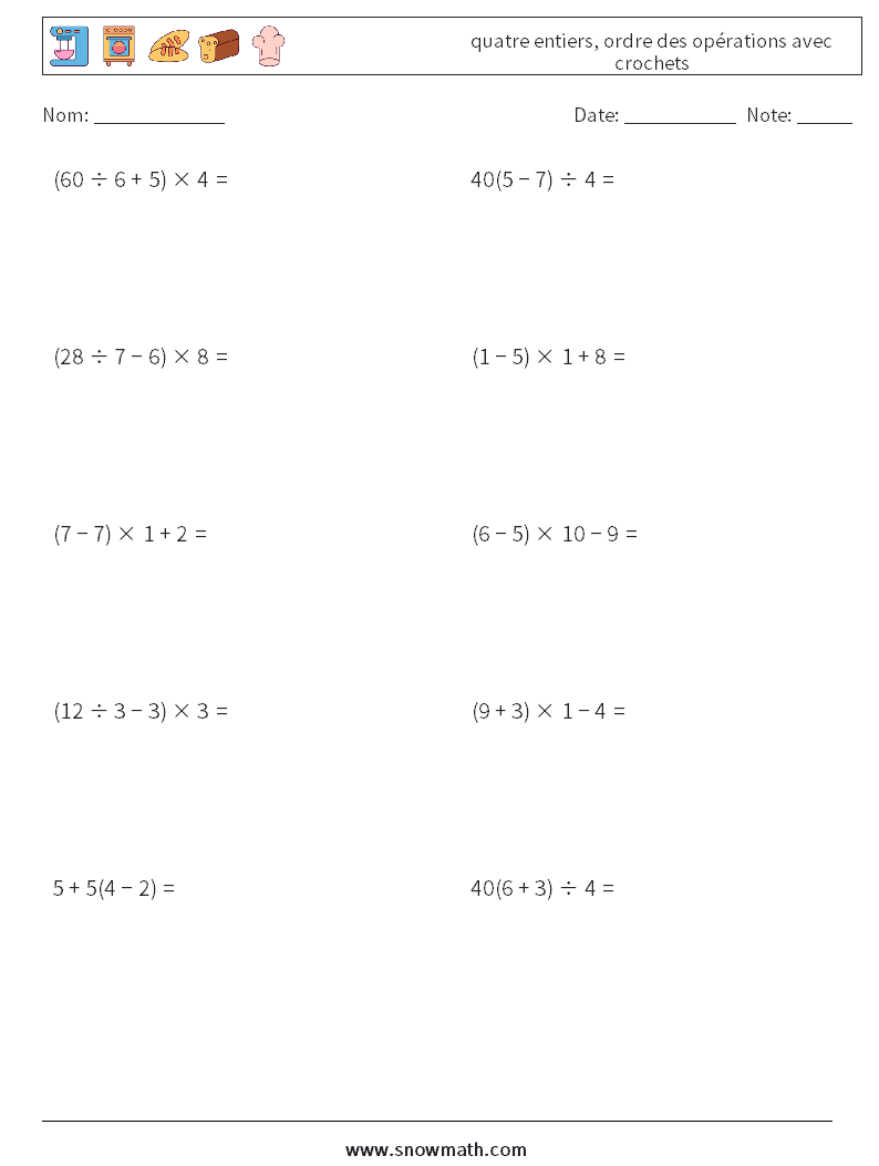 (10) quatre entiers, ordre des opérations avec crochets Fiches d'Exercices de Mathématiques 14