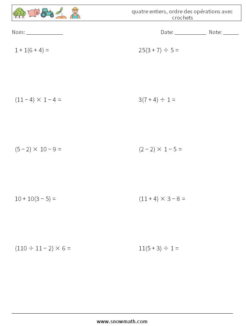 (10) quatre entiers, ordre des opérations avec crochets Fiches d'Exercices de Mathématiques 15
