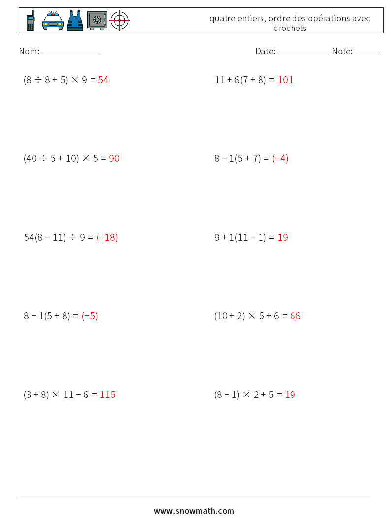 (10) quatre entiers, ordre des opérations avec crochets Fiches d'Exercices de Mathématiques 5 Question, Réponse