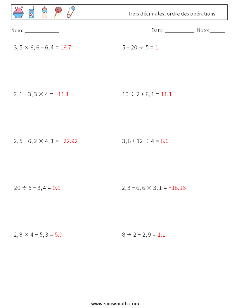 (10) trois décimales, ordre des opérations Fiches d'Exercices de Mathématiques 11 Question, Réponse