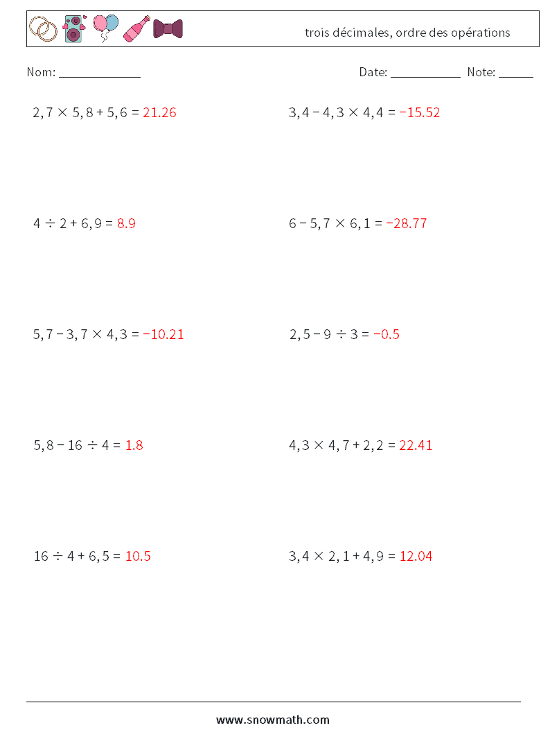 (10) trois décimales, ordre des opérations Fiches d'Exercices de Mathématiques 13 Question, Réponse