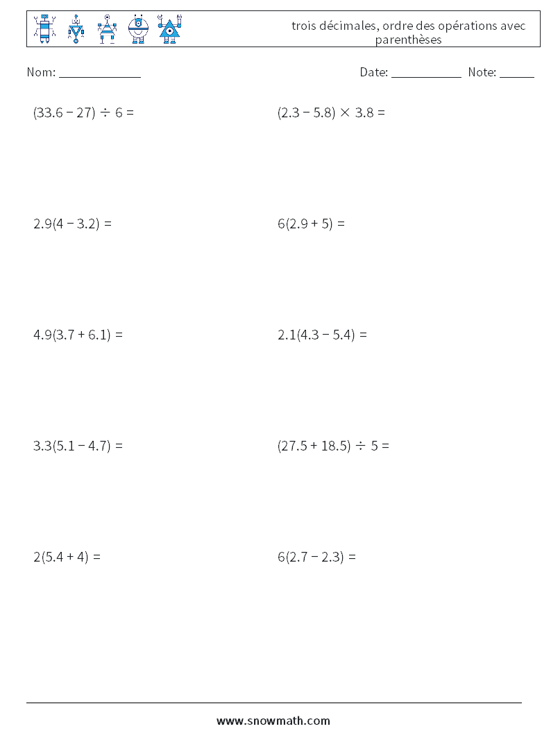 (10) trois décimales, ordre des opérations avec parenthèses