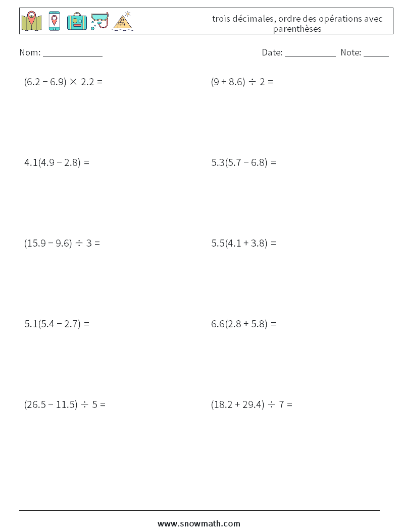 (10) trois décimales, ordre des opérations avec parenthèses Fiches d'Exercices de Mathématiques 10