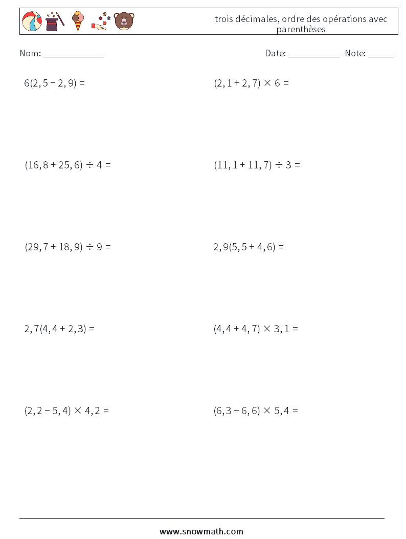 (10) trois décimales, ordre des opérations avec parenthèses Fiches d'Exercices de Mathématiques 12