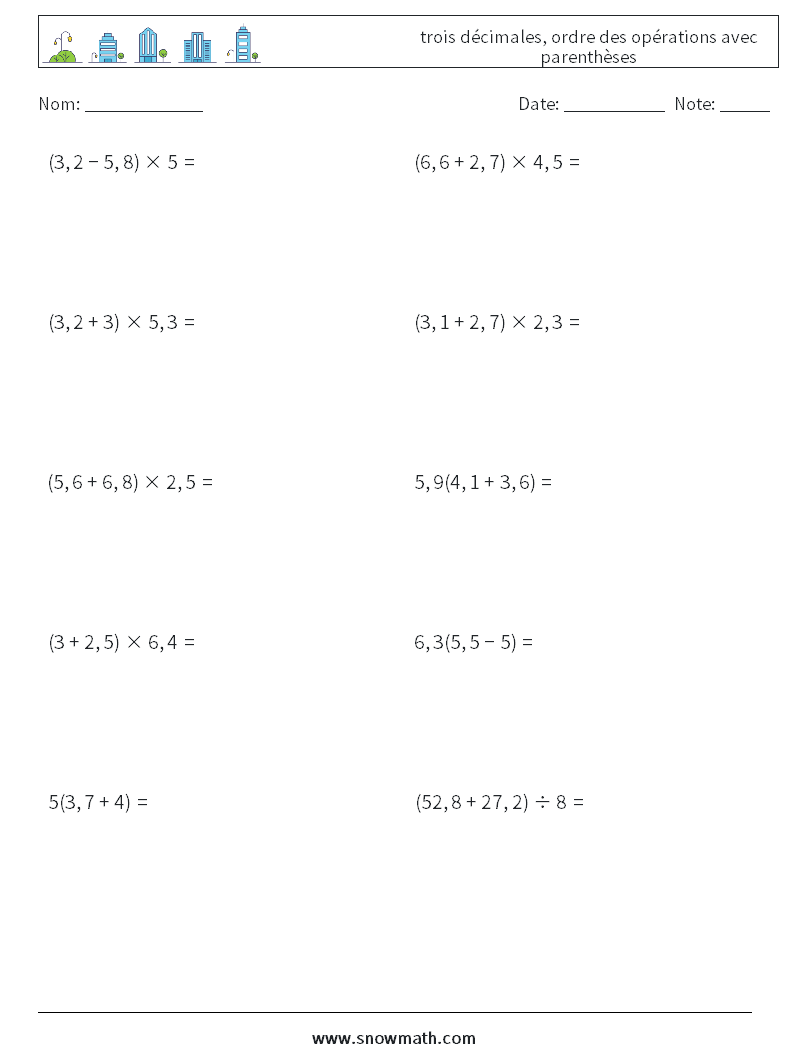 (10) trois décimales, ordre des opérations avec parenthèses Fiches d'Exercices de Mathématiques 14