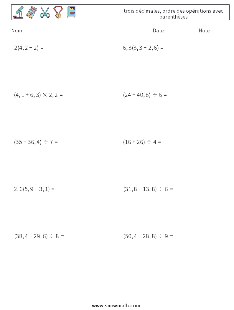 (10) trois décimales, ordre des opérations avec parenthèses Fiches d'Exercices de Mathématiques 15