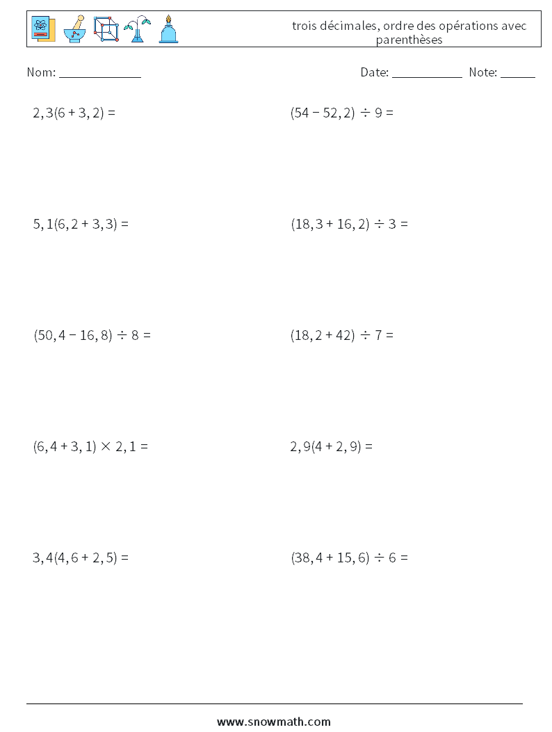 (10) trois décimales, ordre des opérations avec parenthèses Fiches d'Exercices de Mathématiques 16