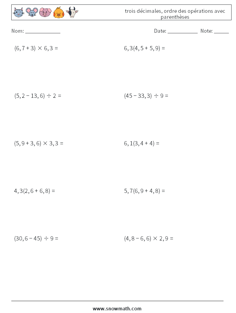 (10) trois décimales, ordre des opérations avec parenthèses Fiches d'Exercices de Mathématiques 5