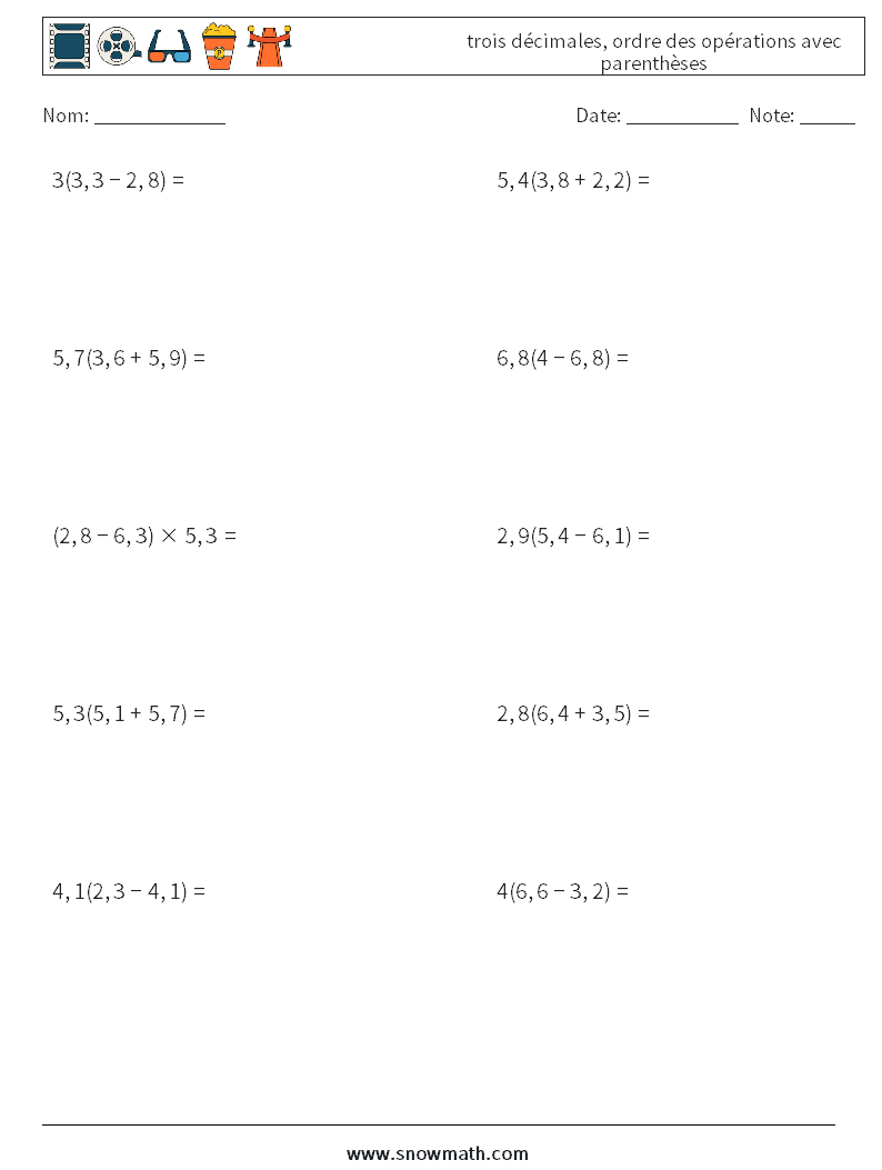 (10) trois décimales, ordre des opérations avec parenthèses Fiches d'Exercices de Mathématiques 6