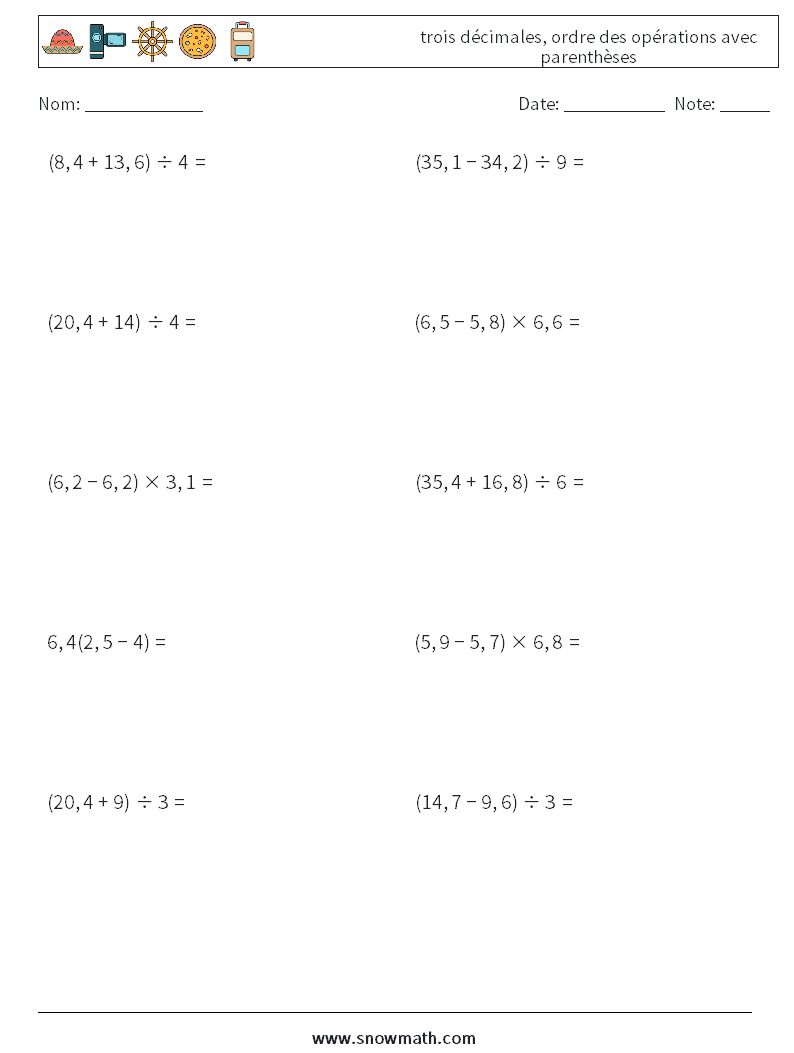 (10) trois décimales, ordre des opérations avec parenthèses Fiches d'Exercices de Mathématiques 7