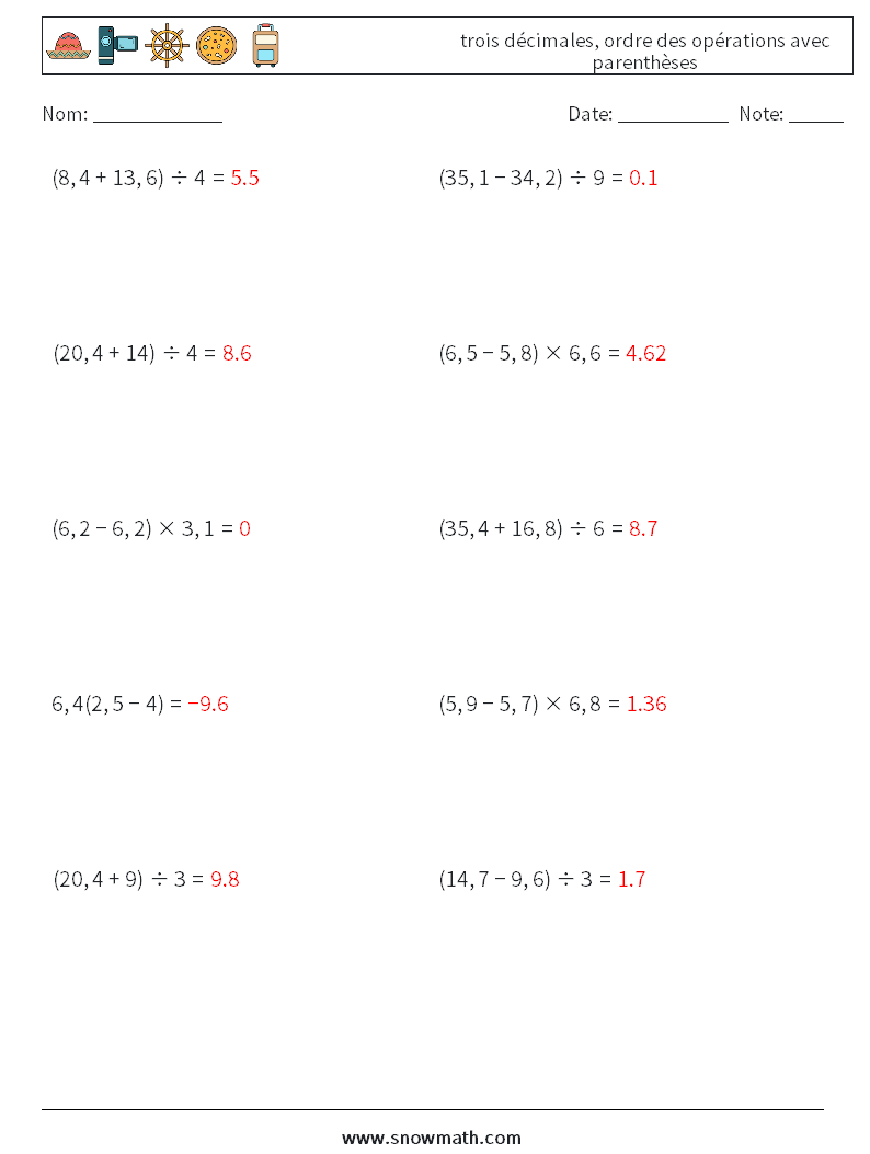 (10) trois décimales, ordre des opérations avec parenthèses Fiches d'Exercices de Mathématiques 7 Question, Réponse