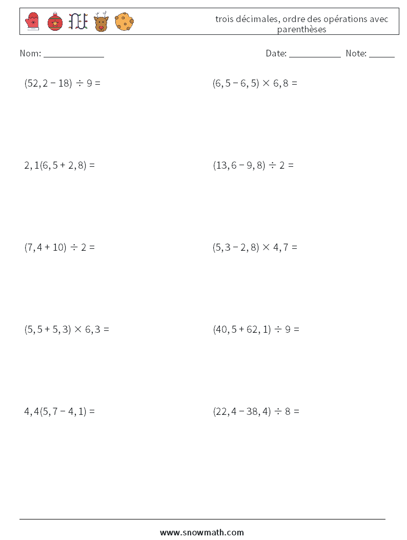 (10) trois décimales, ordre des opérations avec parenthèses Fiches d'Exercices de Mathématiques 8