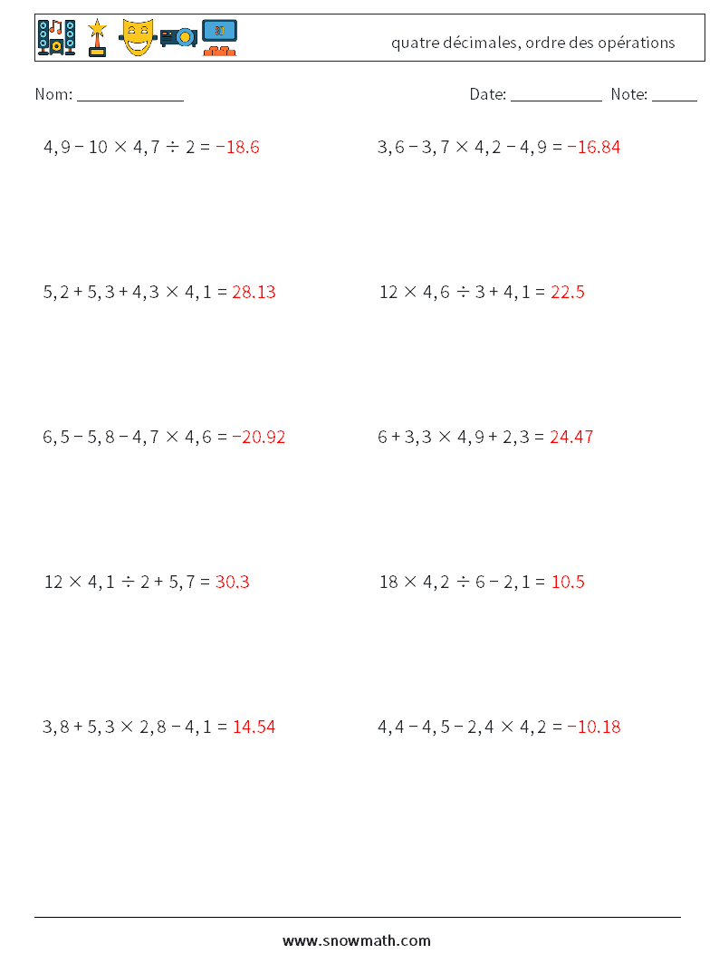 (10) quatre décimales, ordre des opérations Fiches d'Exercices de Mathématiques 15 Question, Réponse