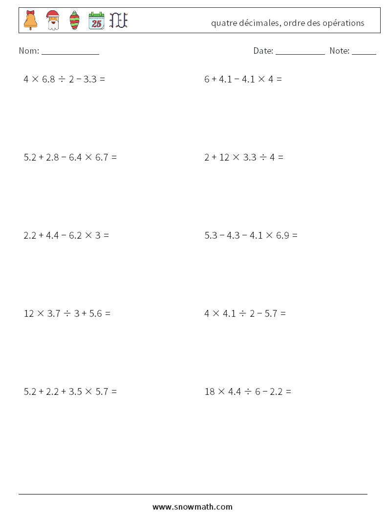 (10) quatre décimales, ordre des opérations Fiches d'Exercices de Mathématiques 2