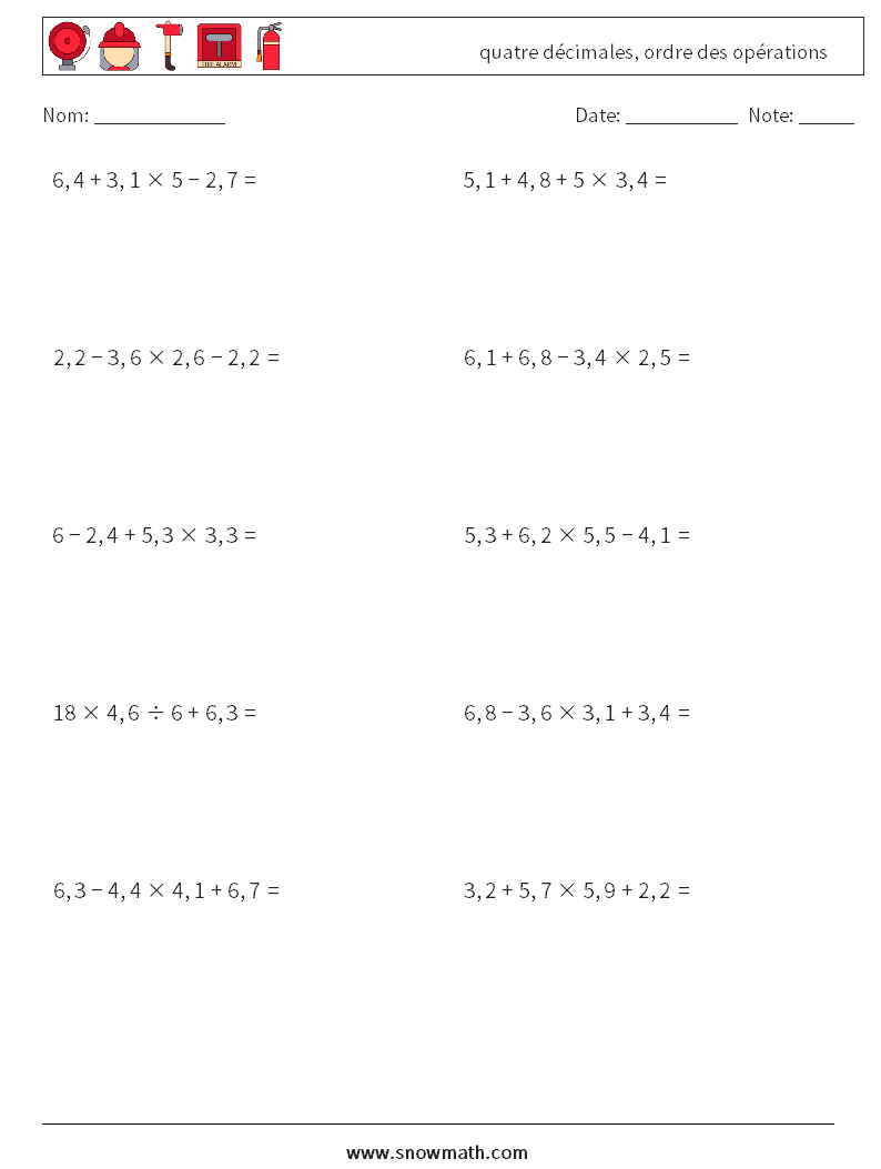 (10) quatre décimales, ordre des opérations Fiches d'Exercices de Mathématiques 4