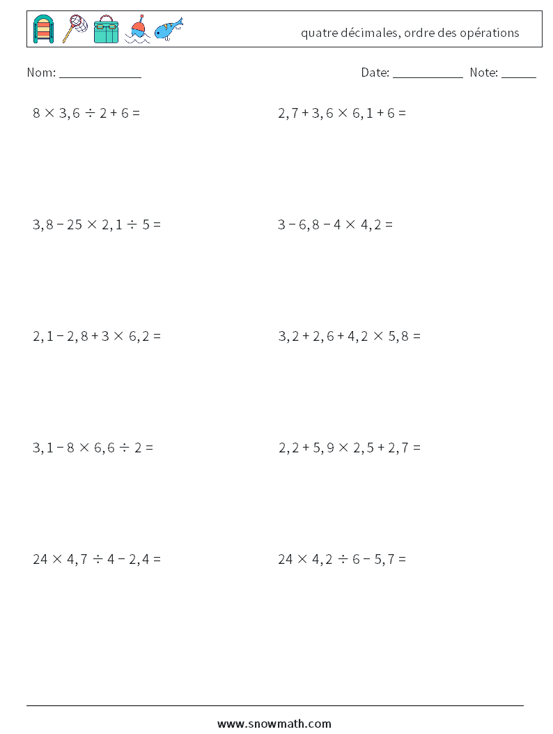 (10) quatre décimales, ordre des opérations Fiches d'Exercices de Mathématiques 6