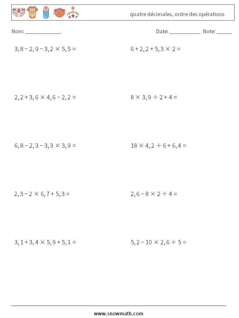 (10) quatre décimales, ordre des opérations Fiches d'Exercices de Mathématiques 8