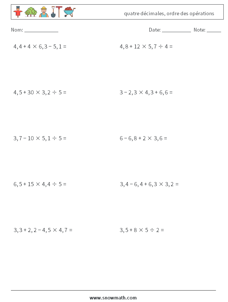 (10) quatre décimales, ordre des opérations Fiches d'Exercices de Mathématiques 9