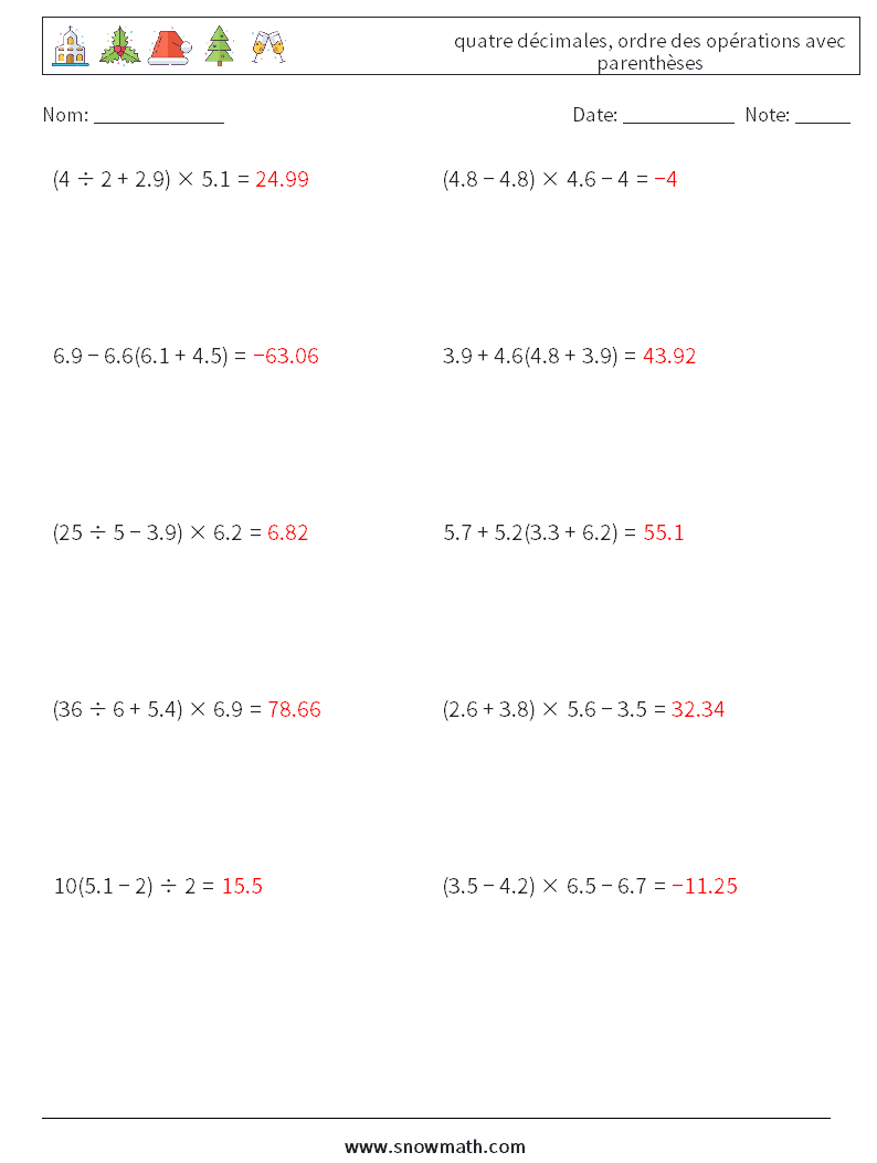 (10) quatre décimales, ordre des opérations avec parenthèses Fiches d'Exercices de Mathématiques 1 Question, Réponse