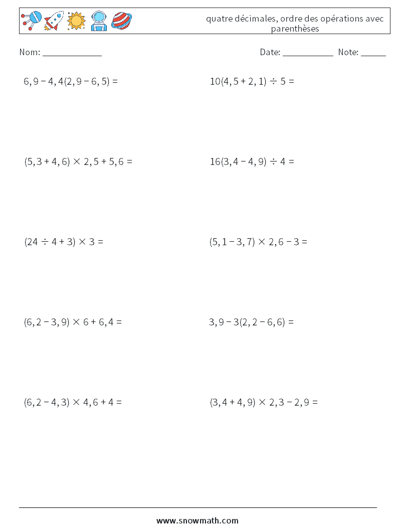 (10) quatre décimales, ordre des opérations avec parenthèses Fiches d'Exercices de Mathématiques 6