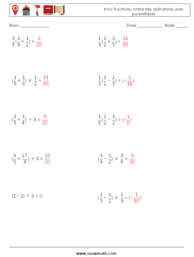 (10) trois fractions, ordre des opérations avec parenthèses Fiches d'Exercices de Mathématiques 12 Question, Réponse
