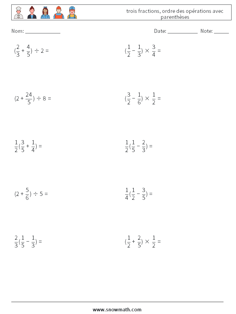 (10) trois fractions, ordre des opérations avec parenthèses Fiches d'Exercices de Mathématiques 16
