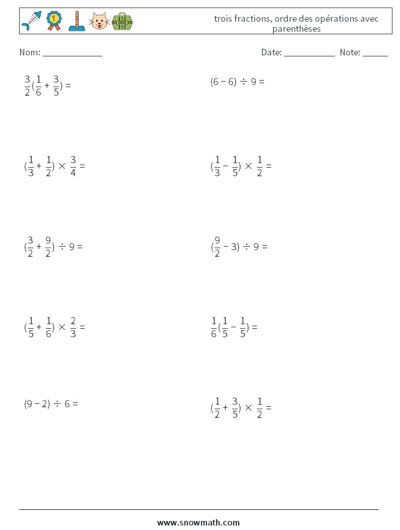 (10) trois fractions, ordre des opérations avec parenthèses Fiches d'Exercices de Mathématiques 17