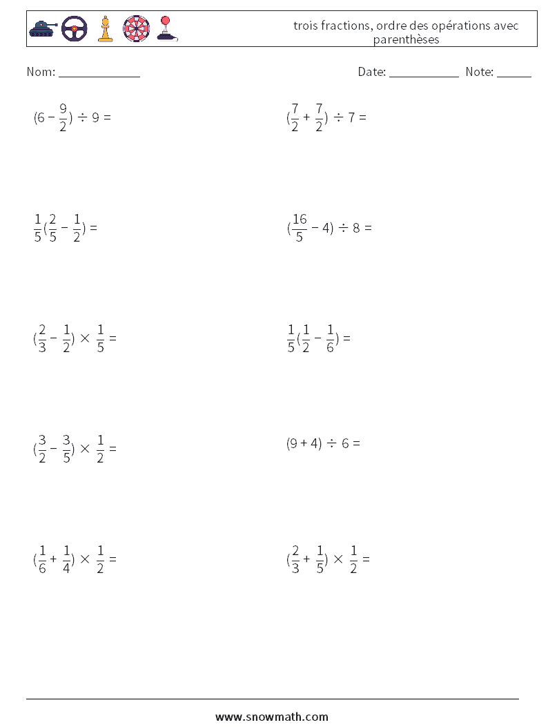(10) trois fractions, ordre des opérations avec parenthèses Fiches d'Exercices de Mathématiques 18