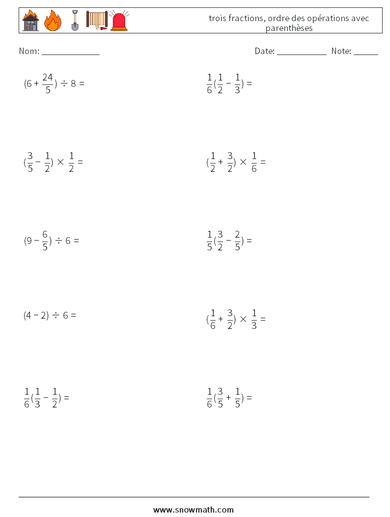 (10) trois fractions, ordre des opérations avec parenthèses Fiches d'Exercices de Mathématiques 7