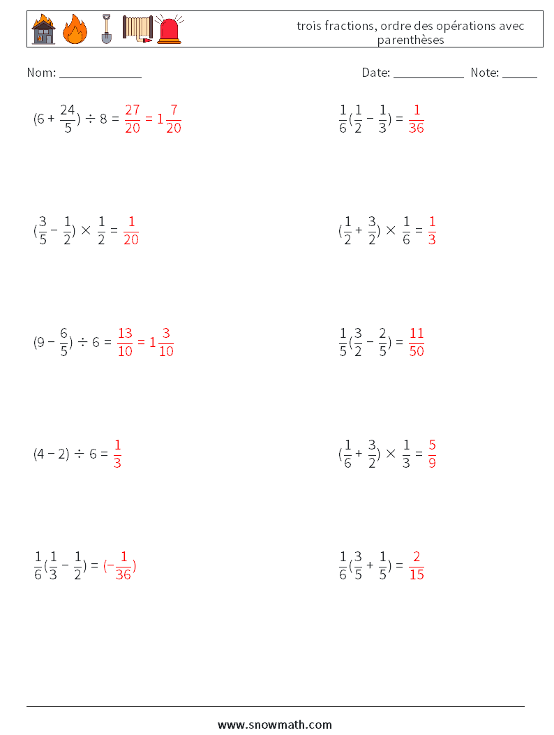 (10) trois fractions, ordre des opérations avec parenthèses Fiches d'Exercices de Mathématiques 7 Question, Réponse