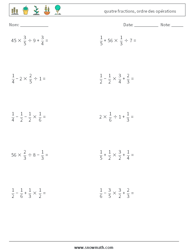 (10) quatre fractions, ordre des opérations Fiches d'Exercices de Mathématiques 17