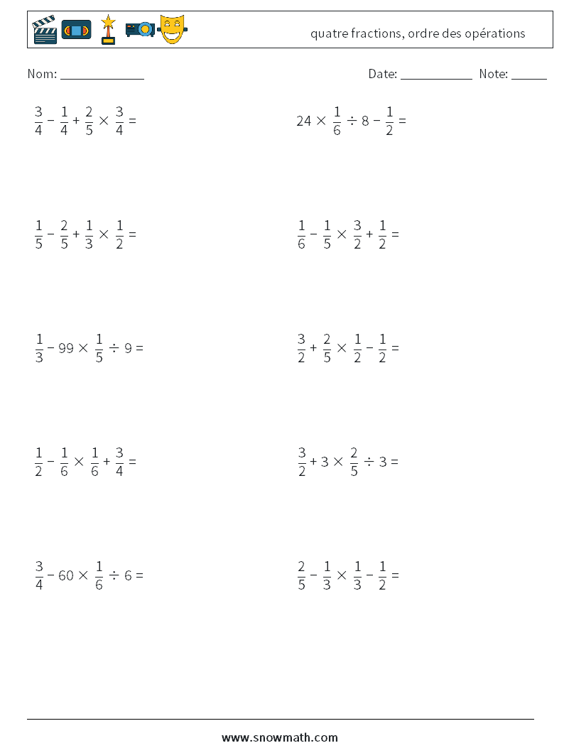(10) quatre fractions, ordre des opérations Fiches d'Exercices de Mathématiques 7