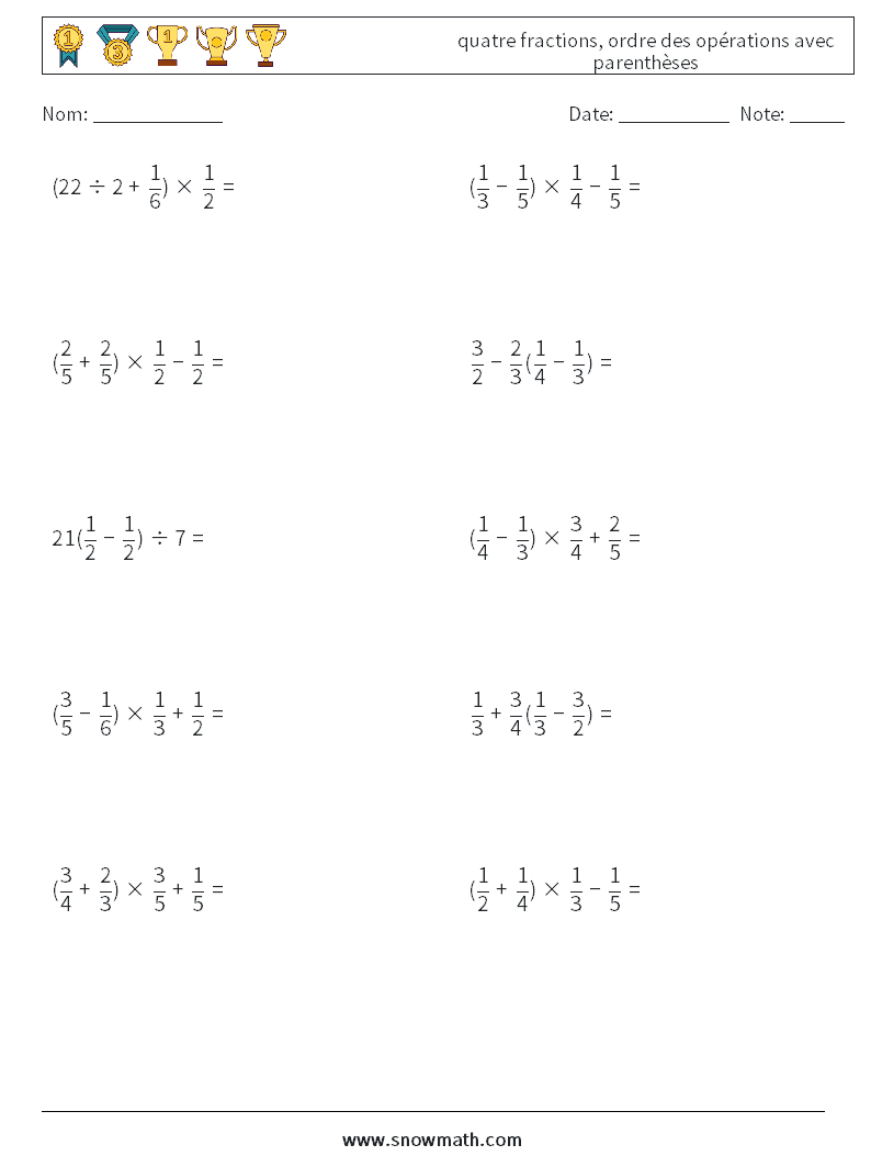 (10) quatre fractions, ordre des opérations avec parenthèses Fiches d'Exercices de Mathématiques 11