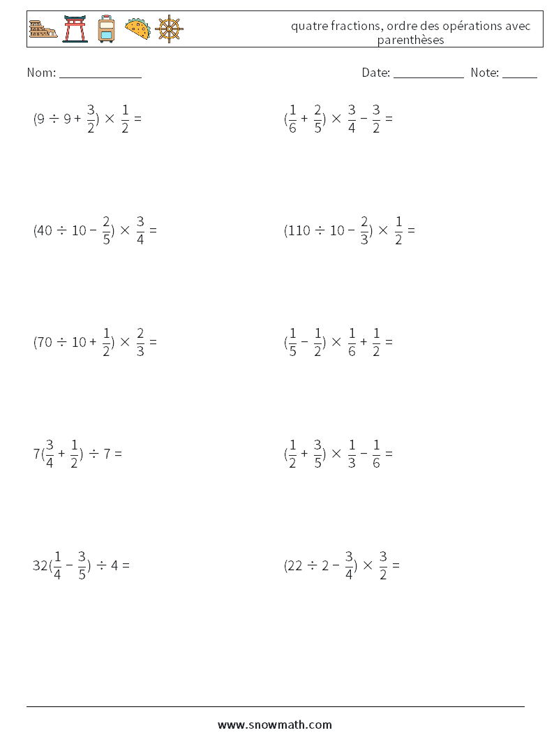 (10) quatre fractions, ordre des opérations avec parenthèses Fiches d'Exercices de Mathématiques 12