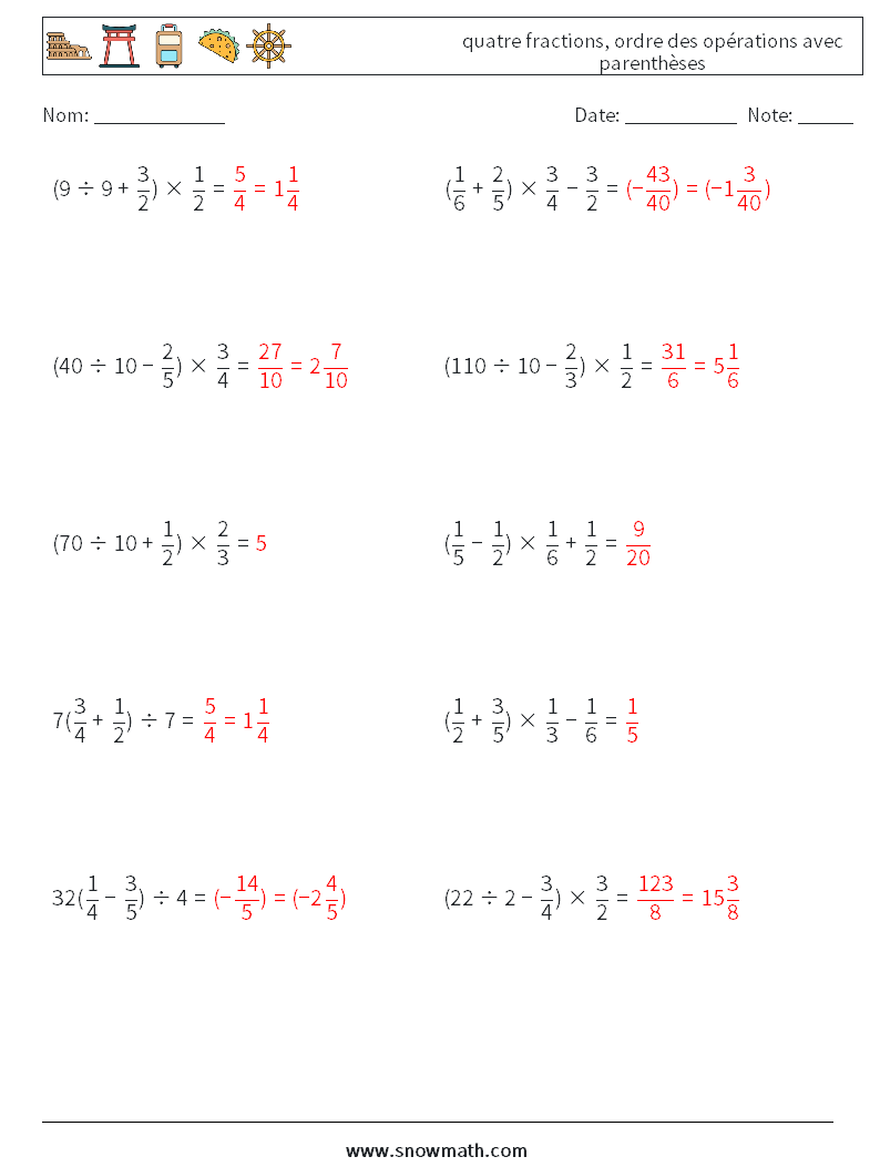 (10) quatre fractions, ordre des opérations avec parenthèses Fiches d'Exercices de Mathématiques 12 Question, Réponse