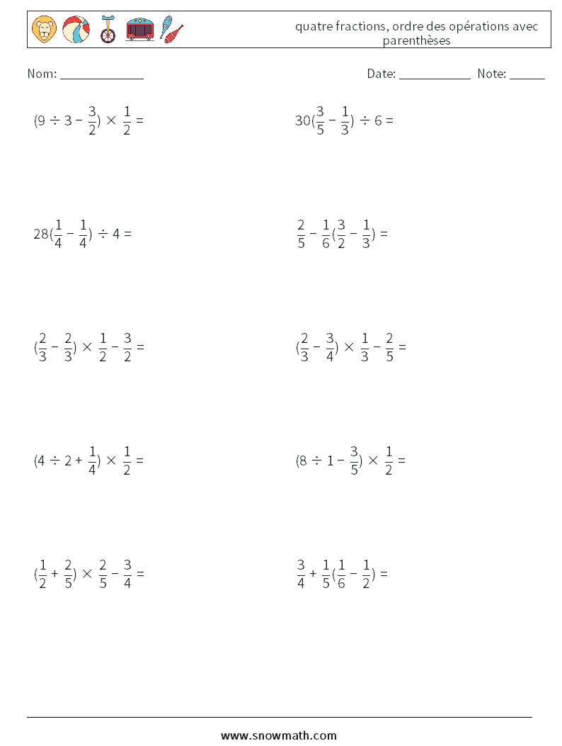 (10) quatre fractions, ordre des opérations avec parenthèses Fiches d'Exercices de Mathématiques 13