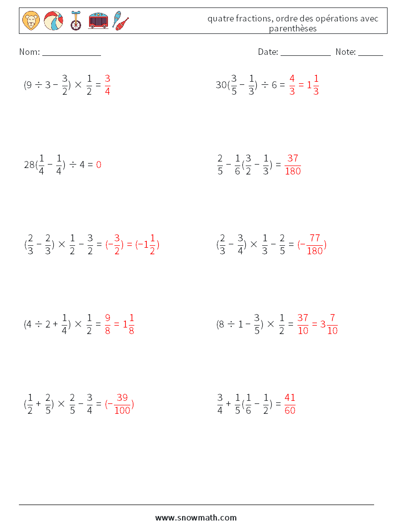 (10) quatre fractions, ordre des opérations avec parenthèses Fiches d'Exercices de Mathématiques 13 Question, Réponse