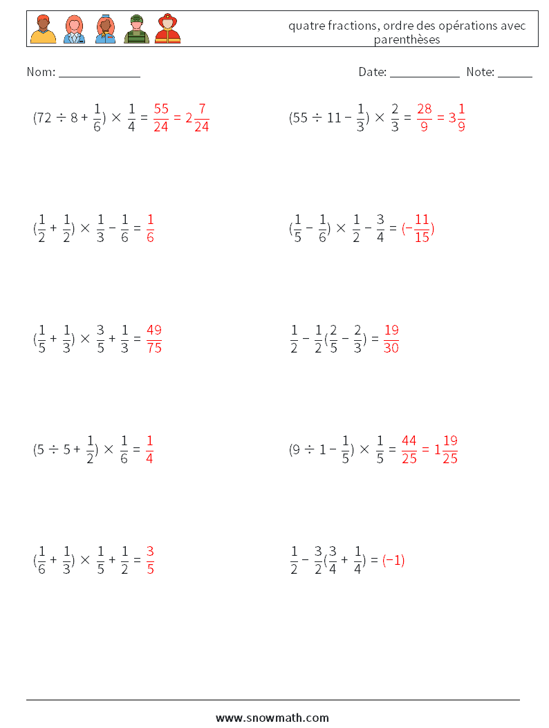 (10) quatre fractions, ordre des opérations avec parenthèses Fiches d'Exercices de Mathématiques 14 Question, Réponse