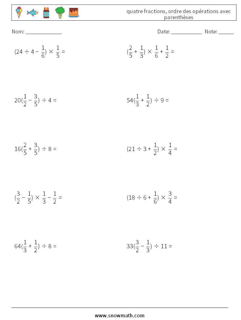 (10) quatre fractions, ordre des opérations avec parenthèses Fiches d'Exercices de Mathématiques 15