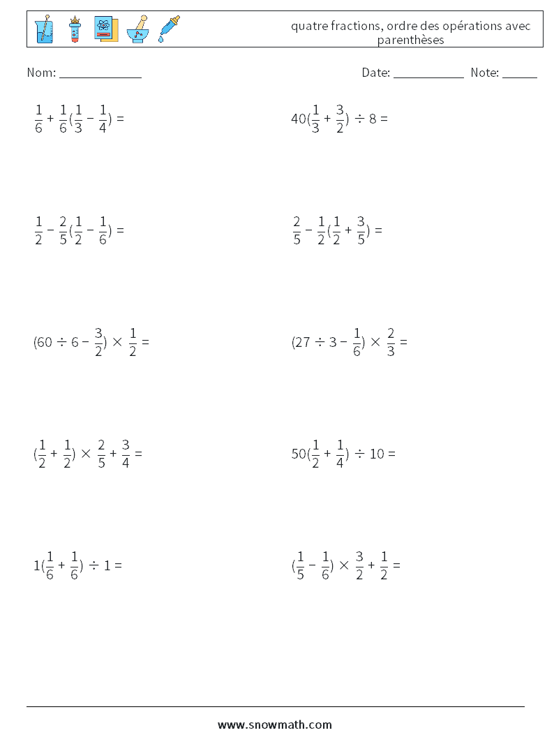 (10) quatre fractions, ordre des opérations avec parenthèses Fiches d'Exercices de Mathématiques 16