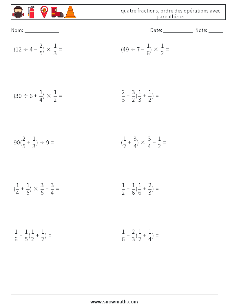 (10) quatre fractions, ordre des opérations avec parenthèses Fiches d'Exercices de Mathématiques 17