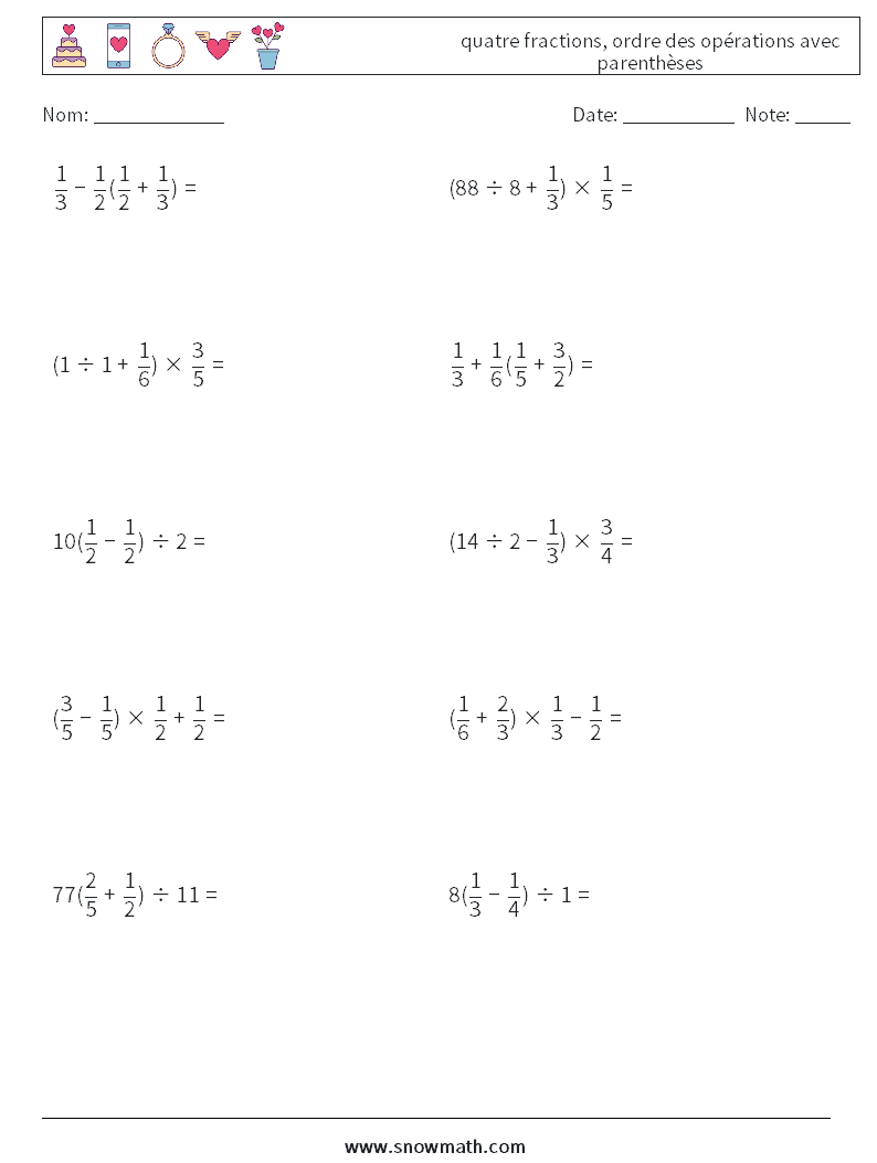 (10) quatre fractions, ordre des opérations avec parenthèses Fiches d'Exercices de Mathématiques 18